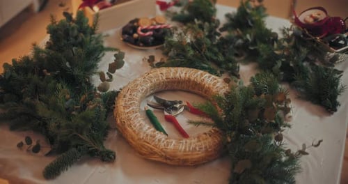 Close Up Of Christmas Wreath Decorated For Christmas Holidays
