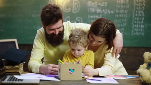 Happy Family Drawing Together at Home Classroom