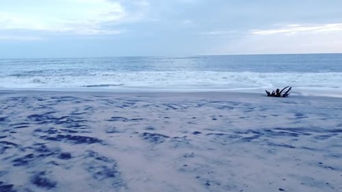 Beach with Blue sky and black sand, beautiful costal area, wooden piece near shore