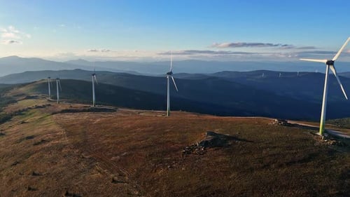 Aerial view of wind turbines on Handalm, Austria.