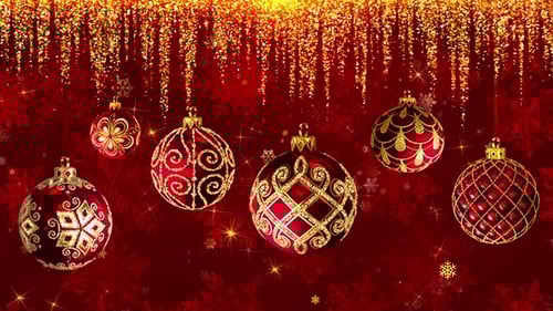 Elegant Red and Gold Christmas Ornaments with Sparkling Glitter Background