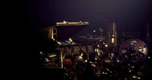 Ancient Treasure Chest Opening with Glowing Gold and Artifacts