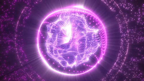 Abstract purple looped energy sphere from particles and waves