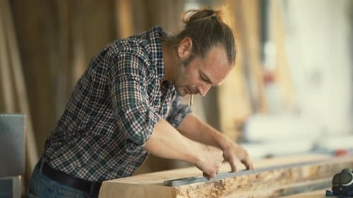 Carpintero masculino especializado en medir y marcar madera