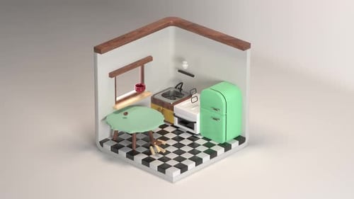 Isometric 3D Kitchen Construction Animation