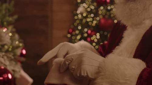 Santa Claus Decorating Christmas Tree with Ornament