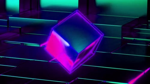 Glowing cube floats in neon lit room