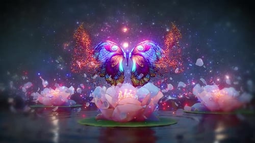 Magical Glowing Butterfly and Lotus Flowers Animation