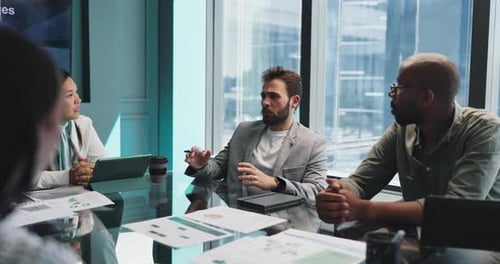 Finance team, cooperation and business people in office, meeting and feedback for stats