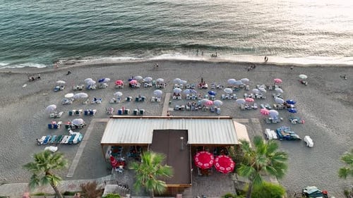 Beach Cafe on the Mediterranean Coast Aerial View 4 K