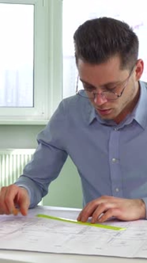 Architect Working on Blueprints in an Office