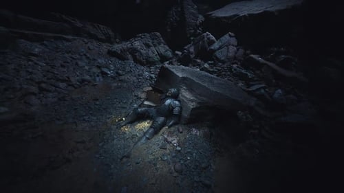 Knight Lying Dead in a Dark Cave Surrounded By Rocky Debris and Shadows