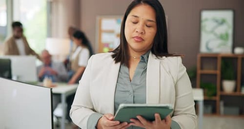 Creative agency, thinking and woman in office, tablet and planning for magazine column