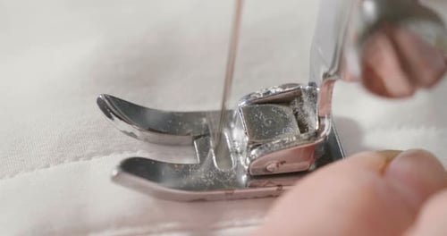 Sewing Machine Sewing White Fabric Close Up