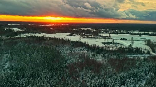 incredible landscape of a snow-covered forest with an orange sky from the sunset, aerial shot with a