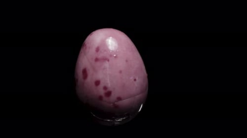 Chocolate purple mini egg rotate, on a black background close-up. In move