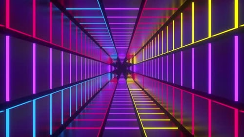 Moving Forward Inside Colorful Square Shape Endlessly Building Tunnel