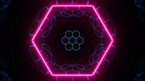 Cyan And Pink Neon Kaleidoscopic Honeycomb Hexagons In Cyberspace Background Vj Loop In 4K