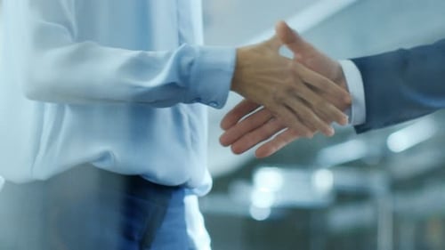 Close-up of the Businesswoman and Businessman Shaking Hands with Emphasis on Handshake.