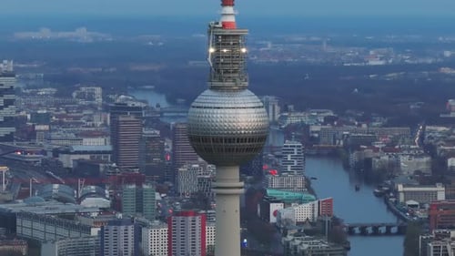 Aerial View of the Panoramic Terrace of Berlin's Tv Tower at Dusk Featuring the Cityscape and River