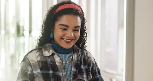 Laptop, reading and smile with business woman at desk in office for creative planning or strategy