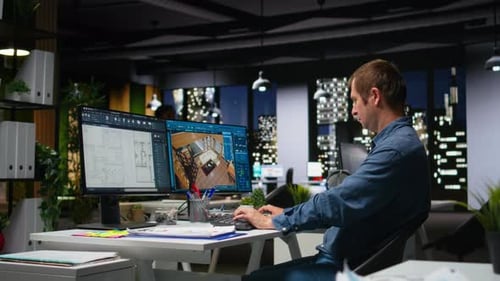 Portrait of Engineer Working on Floor Plan Interior Design at Computer