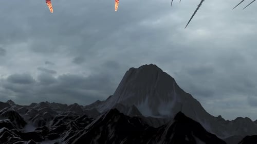 Burning Meteors falling above Mountains at sunset