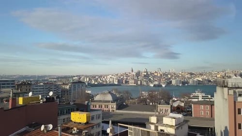 Aerial View of Istanbul Turkey Waterfront on Bosporus Strait, Residental Buildings and Skyline with