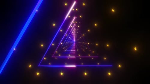 Vibrant neon tunnel with endless triangles and glowing orbs beckons forward.