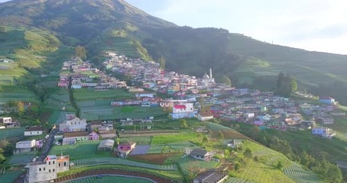aerial shot of Beauty village on the slope of mount Sumbing. Nepal Van Java.