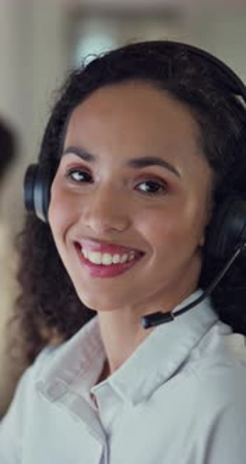 Female person, call center and microphone with face for technical support as professional