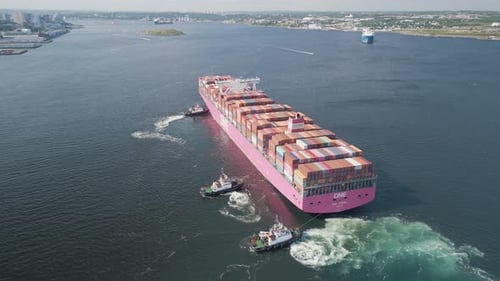 Aerial View of a Large Cargo Container Ship Mooring in the Port