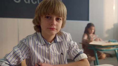Portrait Of School Student Sitting At Desk At Elementary School. Smiling Child Looking At Camera ...