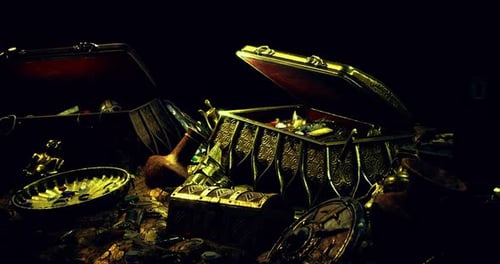 Ancient Treasure Chests Gleaming with Gold and Precious Jewels