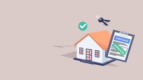 Animación conceptual del proceso de aprobación hipotecaria y préstamo hipotecario con espacio de copia para texto.