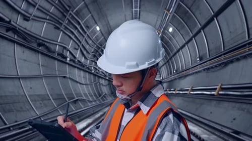 Close Up Side View Of Asian Male Engineer Taking Note On The Tablet In Subway Tunnel