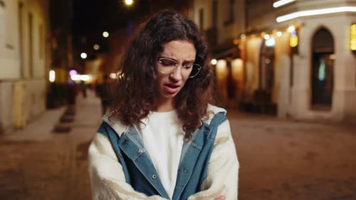 Sad Unhappy Depressed Lonely Teenager Girl Thinks Over Life Concerns Burnout Grief on City Street