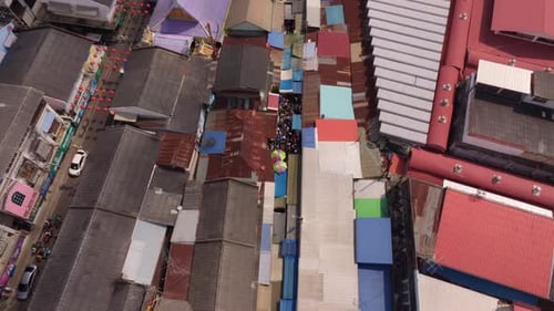 Drone perspective of Maeklong Railway Market, no trains, Thailand