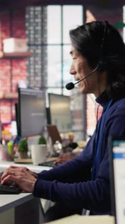 Spezialist für technischen Support für vertikale Video im Call Center Office bei der Problembehebung
