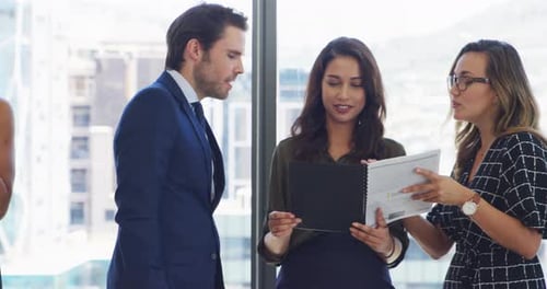 Business people, portfolio or teamwork in meeting for financial reports or growth in company office