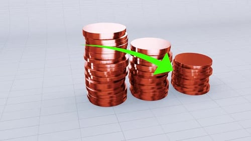 A Pile Of Plain Copper Coins With Prices Decrease