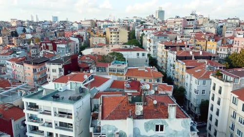 Old houses and mosques in European side of Istanbul, drone aerial view.