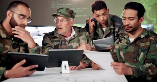 Soldiers, man and documents with discussion in office with strategy, decision