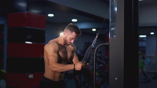 Athletic guy pumping his muscles. Shirtless bodybuilder training his sportive body in the gym.