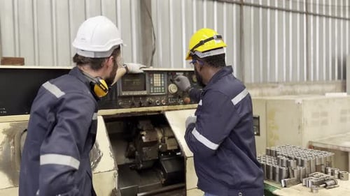 Worker Operating In Manual Lathe