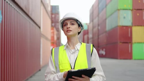 Portrait of caucasian female engineer in uniform monitors operations using a tablet.