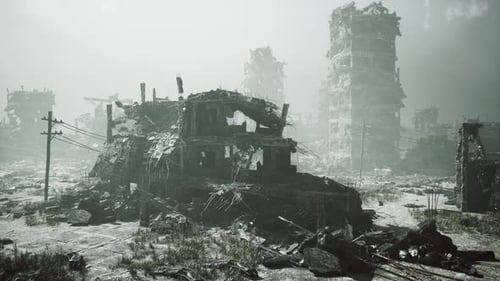 Destructive Aftermath of Military Action in a Devastated Urban Landscape