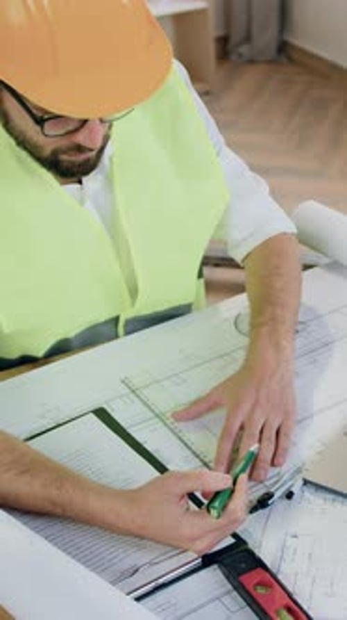 Workflow in Design Office Where Goodlooking Highskilled Confident Bearded Engineerarchitect in