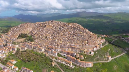 Aerial drone view of Gangi town, Metropolitan City of Palermo, Sicily, Italy