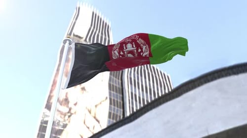 Realistic Afghanistan Flag Waving Against Modern City Skyscrapers